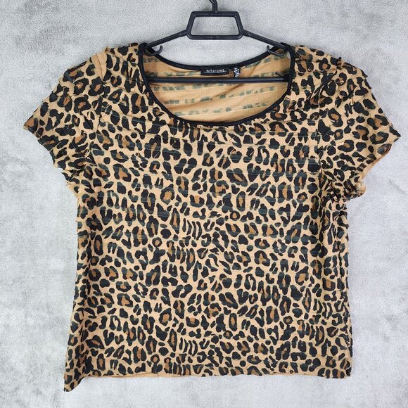 Women's Notations Brown Leopard Print Blouse Top round Neck Short Sleeve XL - Picture 2 of 12